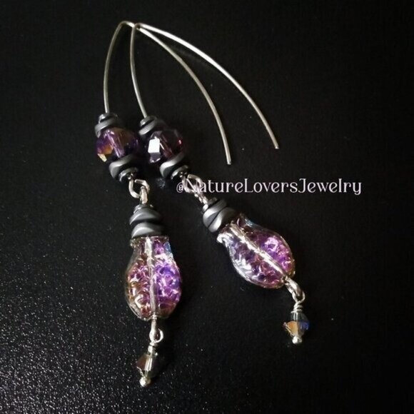 Hand Crafted Jewelry - Goth + Beachy! Sea Life Earrings! Purple + Black Iridescent Glass Fish Danglers
